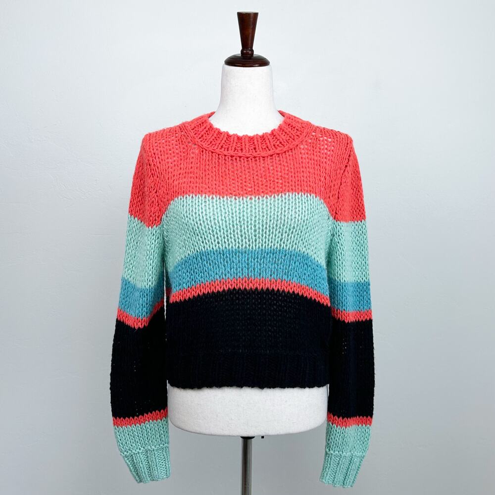 Marc Cain Colorful Orange Striped German Knit Cotton Alpaca Crewneck Sweater XS